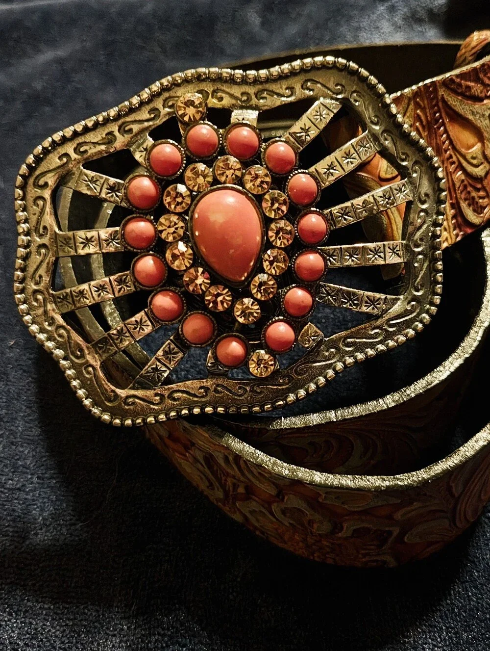 Vintage 90s Streets Ahead Leather Belt Large Western Tooled Coral Rhinestone